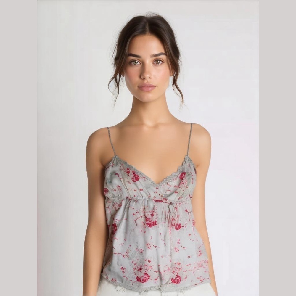 American Eagle Red Pink and White Floral Cami Camisole Size 8 Lace Trim Vintage